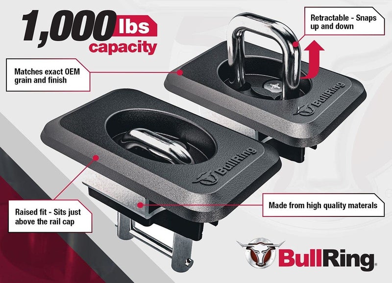 Bull Ring Raised Fit Retractable Truck Bed Tie Down Anchors for '98-14 Ford F150, '98-16 Ford Super Duty, '99-13 Chevrolet Silverado & GMC Sierra, '95-08 Dodge RAM (1 Pair) - Image 2